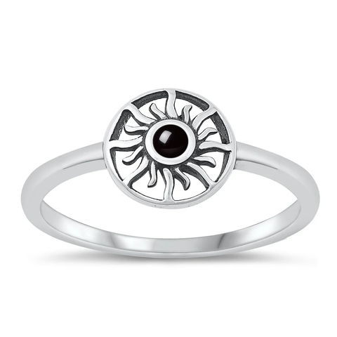 Sterling Silver Oxidized Black Agate Sun Stone Ring