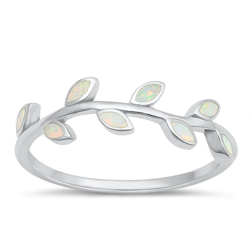 Sterling Silver Rhodium Plated White Lab Opal Leaves Ring