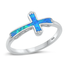 Load image into Gallery viewer, Sterling Silver Rhodium Plated Cross Blue Lab Opal Ring