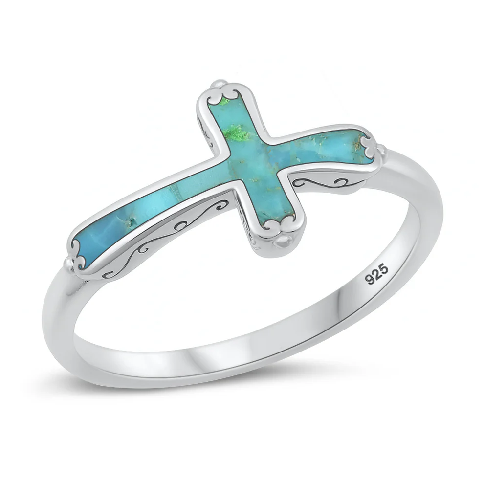Sterling Silver Oxidized And Polished 9.8mm Cross Turquoise Stone Ring