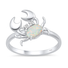 Load image into Gallery viewer, Sterling Silver Rhodium Plated Crab White Lab Opal And Clear CZ Ring