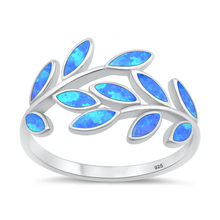 Load image into Gallery viewer, Sterling Silver Rhodium Plated Leaves Blue Lab Opal Ring