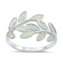 Load image into Gallery viewer, Sterling Silver Rhodium Plated Leaves White Lab Opal Ring
