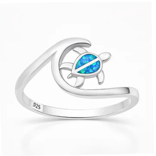 Load image into Gallery viewer, Sterling Silver Rhodium Plated Turtle And Wave Blue Lab Opal Ring