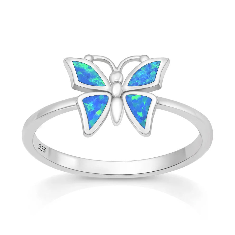 Sterling Silver Rhodium Plated Blue Lab Opal Butterfly Ring