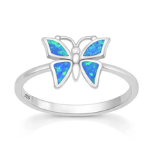 Load image into Gallery viewer, Sterling Silver Rhodium Plated Butterfly Blue Lab Opal Ring