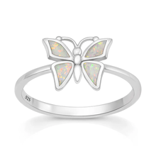 Load image into Gallery viewer, Sterling Silver Rhodium Plated Butterfly White Lab Opal Ring
