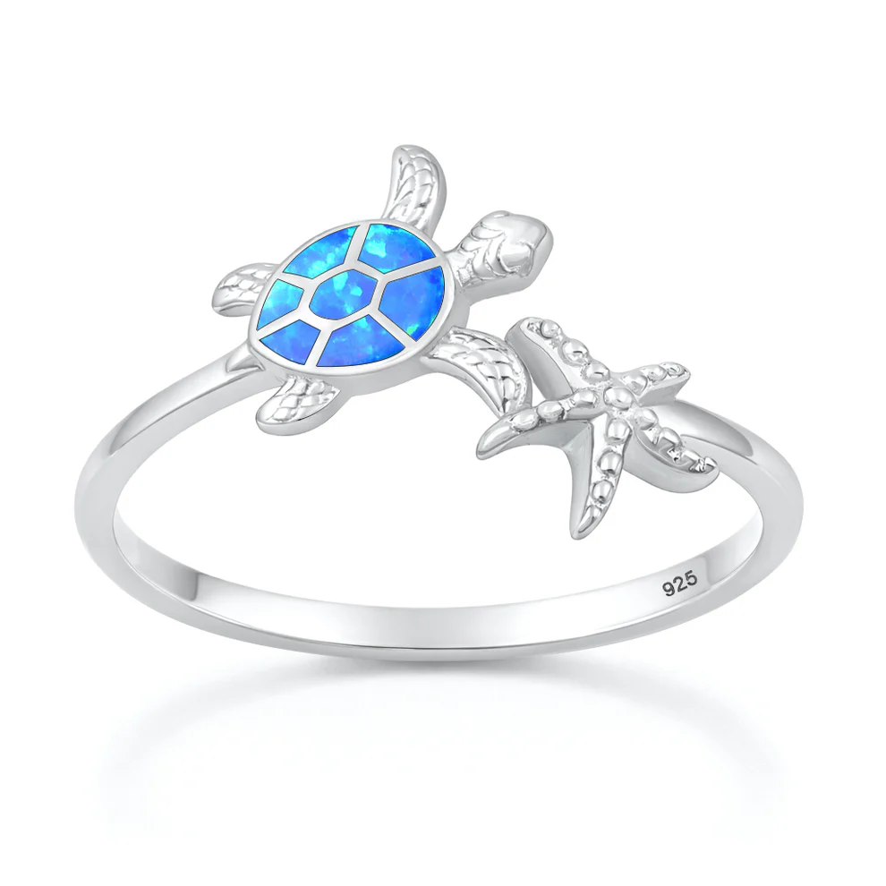 Sterling Silver Rhodium Plated Turtle And Starfish Blue Lab Opal Ring