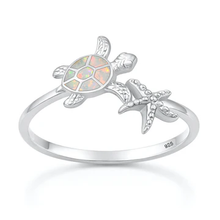 Load image into Gallery viewer, Sterling Silver Rhodium Plated Turtle And Starfish White Lab Opal Ring