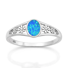 Load image into Gallery viewer, Sterling Silver Polished Flowers Blue Lab Opal Ring