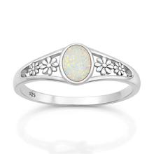 Load image into Gallery viewer, Sterling Silver Polished Flowers White Lab Opal Ring