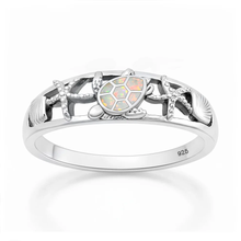 Load image into Gallery viewer, Sterling Silver Rhodium Plated Turtle Starfish Seashell White Lab Opal Ring