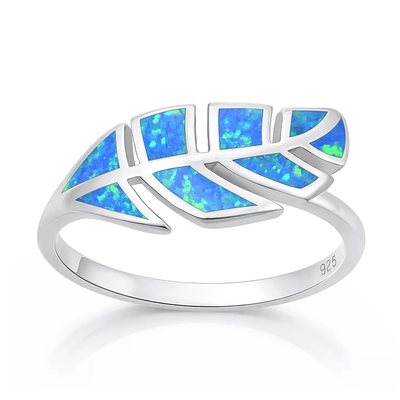 Sterling Silver Oxidized And Polished Feather Blue Lab Opal Ring