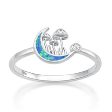 Load image into Gallery viewer, Sterling Silver Rhodium Plated Moon And Mushrooms Blue Lab Opal Ring