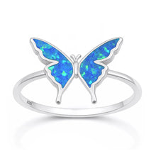 Load image into Gallery viewer, Sterling Silver Rhodium Plated Butterfly Blue Lab Opal Ring
