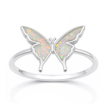 Load image into Gallery viewer, Sterling Silver Rhodium Plated Butterfly White Lab Opal Ring