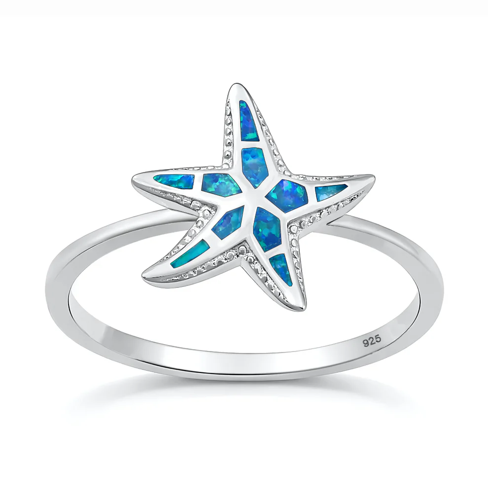 Sterling Silver Rhodium Plated Starfish Blue Lab Opal Ring