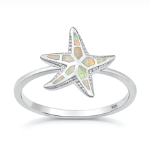 Load image into Gallery viewer, Sterling Silver Rhodium Plated Starfish White Lab Opal Ring