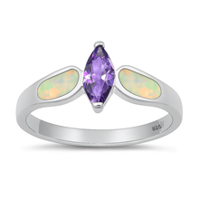 Load image into Gallery viewer, Sterling Silver Rhodium Plated White Lab Opal And Amethyst CZ Ring