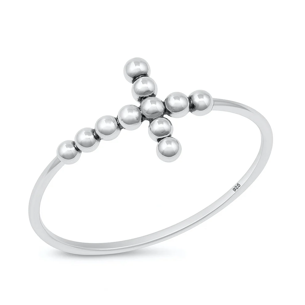Sterling Silver Oxidized And Polished Beaded Cross Ring