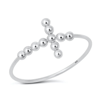 Sterling Silver Rhodium Plated Beaded Cross Ring