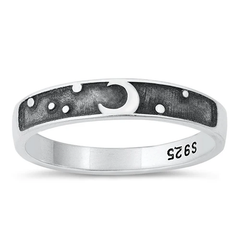 Sterling Silver Oxidized Moon And Stars Ring