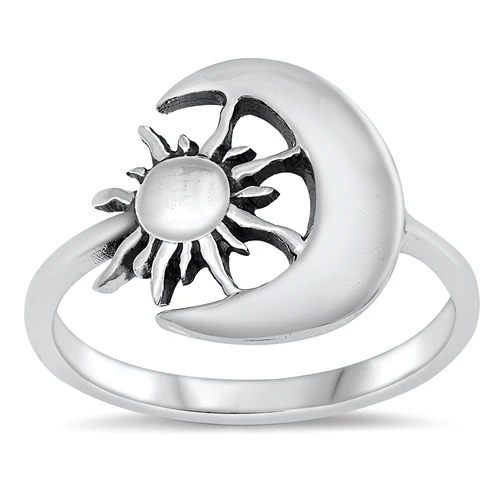 Sterling Silver Oxidized 15mm Moon And Sun Ring