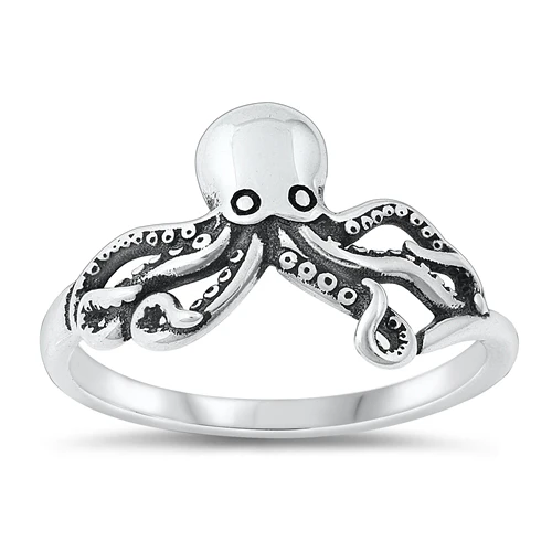 Sterling Silver Oxidized 11.7mm Octopus Ring