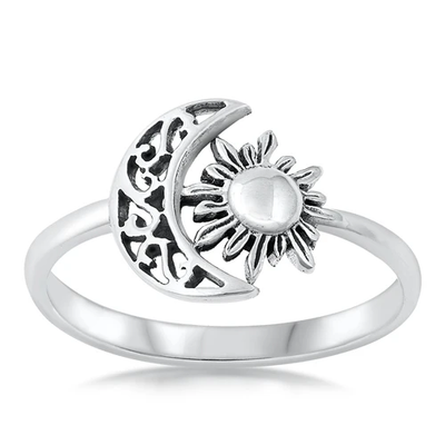 Sterling Silver Oxidized 11.2mm Moon And Sun Ring
