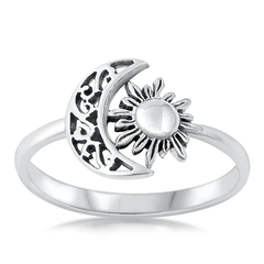 Sterling Silver Oxidized 11.2mm Moon And Sun Ring