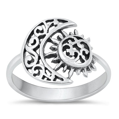 Sterling Silver Oxidized 14.6mm Moon And Sun Ring