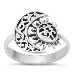 Sterling Silver Oxidized 14.6mm Moon And Sun Ring