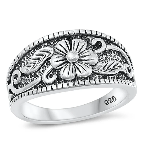 Sterling Silver Oxidized 11.2mm Flower Ring