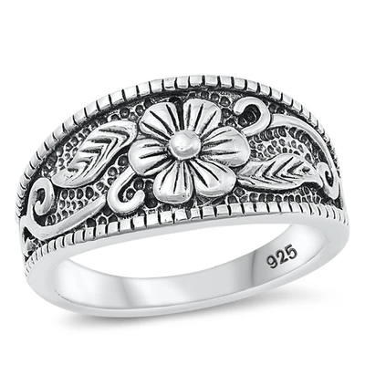 Sterling Silver Oxidized 11.2mm Flower Ring