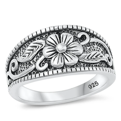 Sterling Silver Oxidized 11.2mm Flower Ring