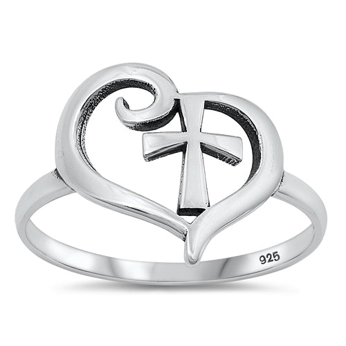 Sterling Silver Oxidized Cross and Heart Ring