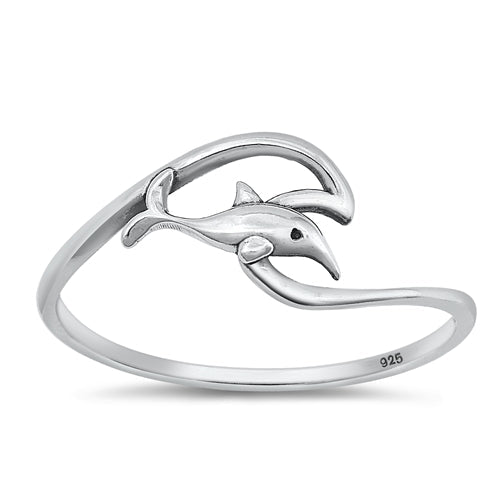 Sterling Silver Oxidized Dolphin and Wave Ring