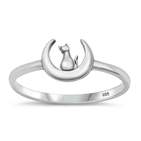 Sterling Silver Oxidized Cat On Moon Ring