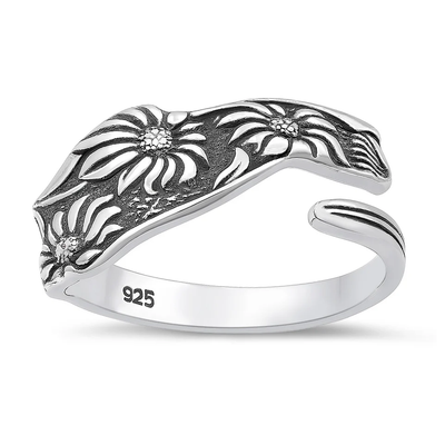 Sterling Silver Oxidized And Polished Flowers Ring