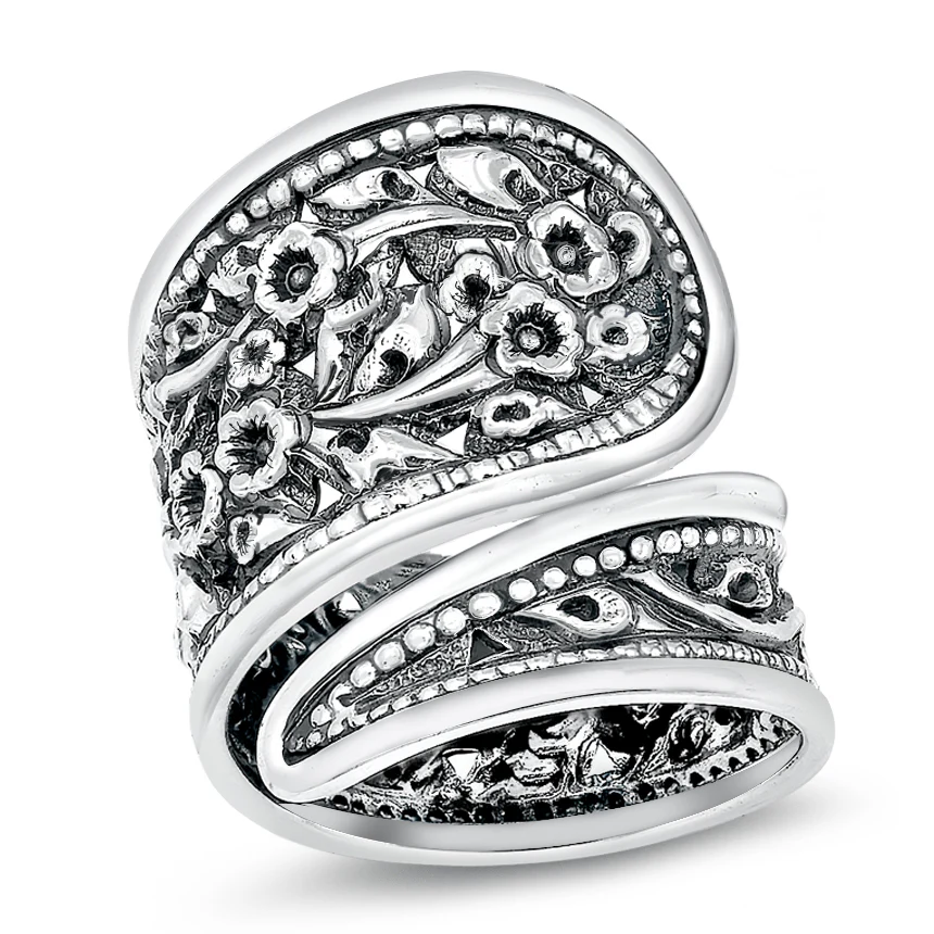 Sterling Silver Oxidized 26.1mm Thai Floral Design Ring