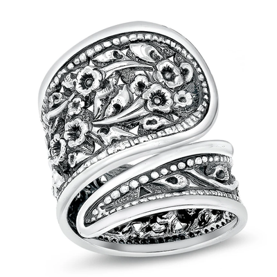 Sterling Silver Oxidized 26.1mm Thai Floral Design Ring