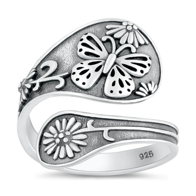 Sterling Silver Oxidized Spoon With Butterfly Ring