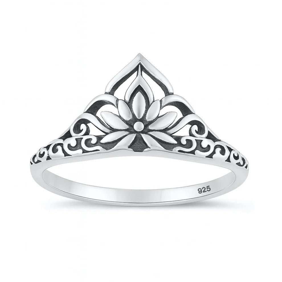 Sterling Silver Oxidized And Polished 10.1mm Lotus Ring