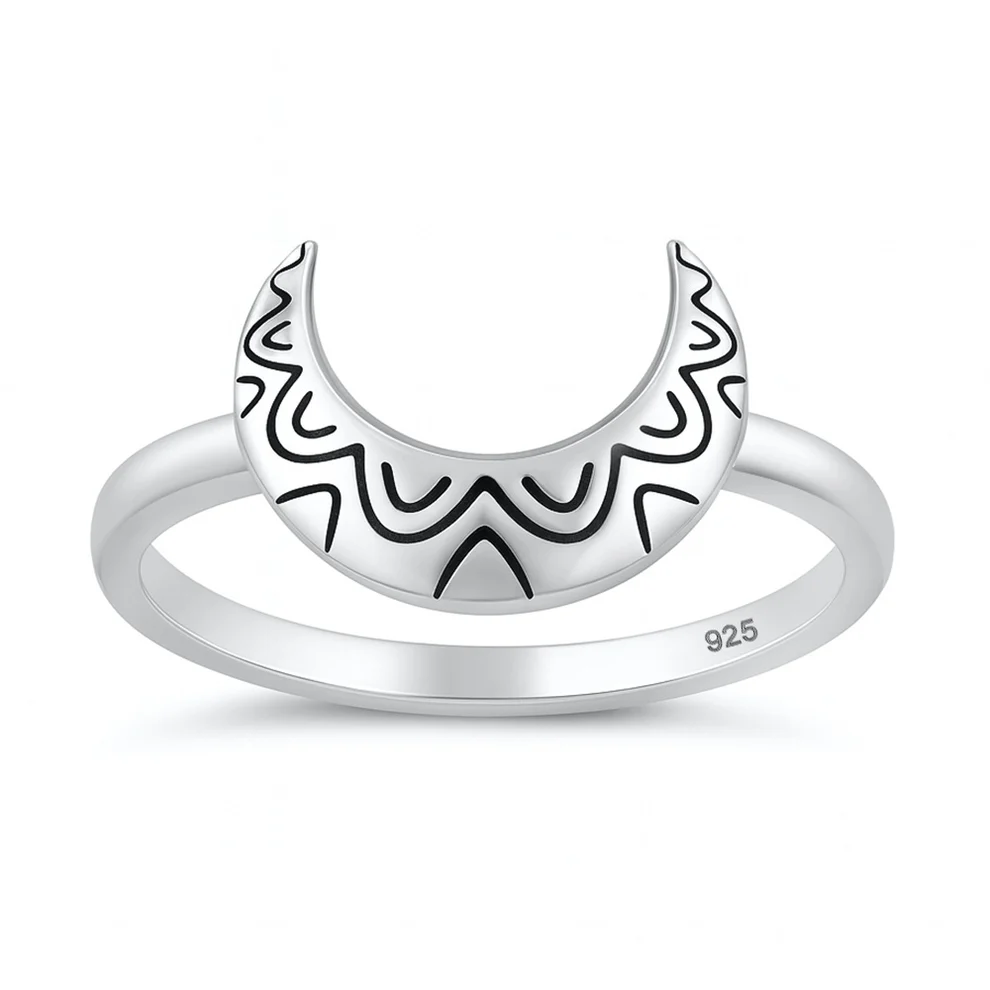 Sterling Silver Oxidized And Polished 9.1mm Crescent Moon Ring