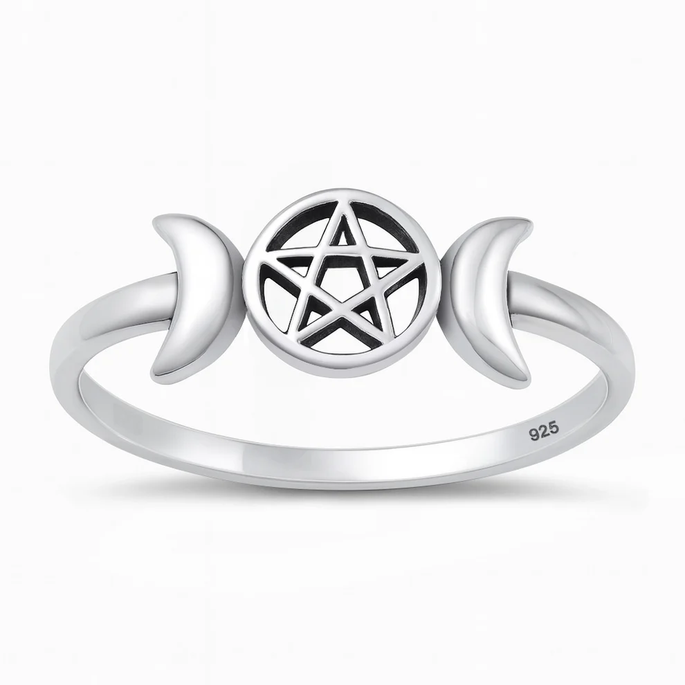 Sterling Silver Oxidized And Polished Triple Moon Pentacle Ring