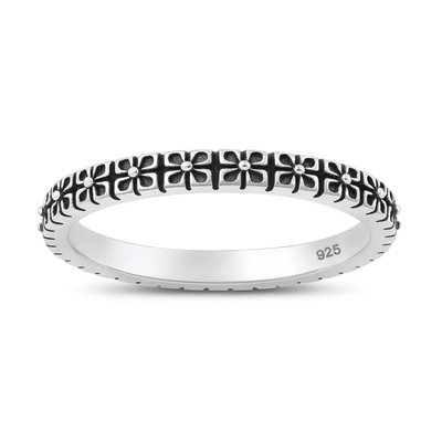 Sterling Silver Oxidized And Polished Flower Band Ring