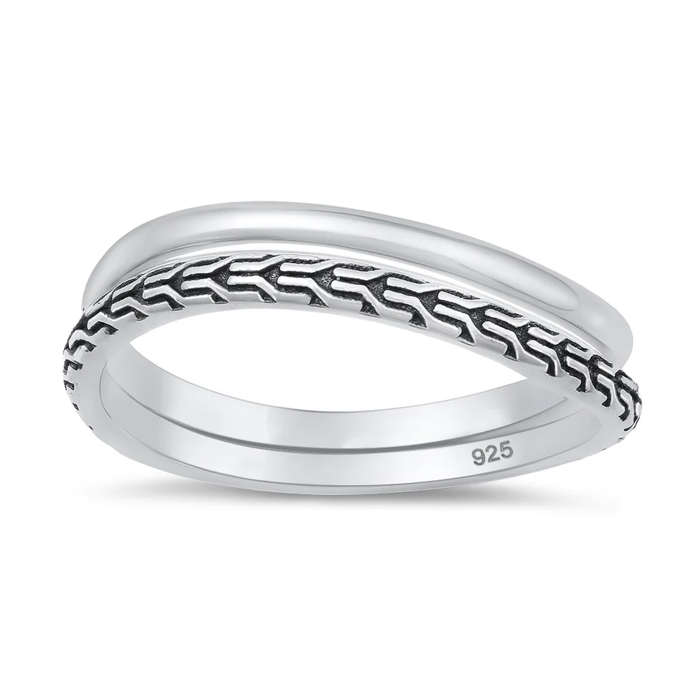 Sterling Silver Oxidized And High Polish Double Ring Set