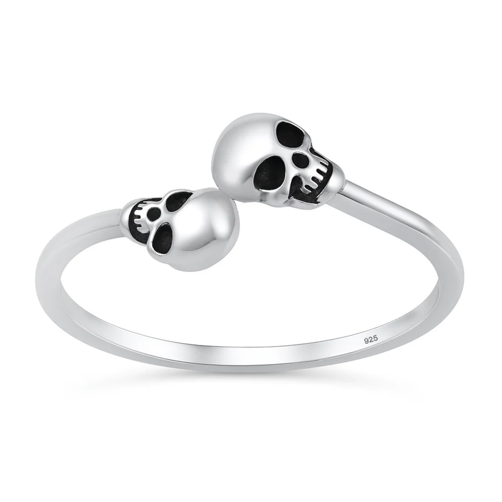 Sterling Silver Oxidized And Polished Skull Heads Ring
