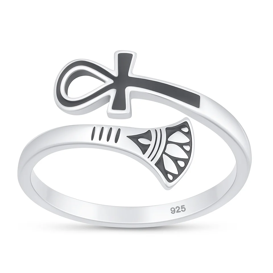 Sterling Silver Oxidized And Polished Ankh And Lotus Ring