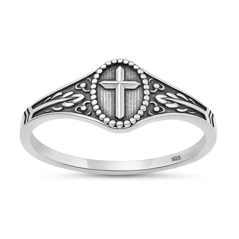 Sterling Silver Oxidized And Polished 7.6mm Cross Ring